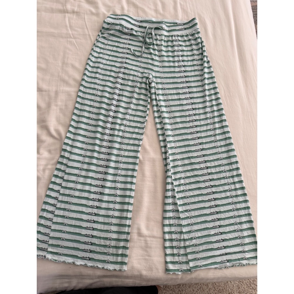 Kate Quinn Modal Wide Leg Lounge Pants L Seafoam Stripe Boat Print Pajama - Picture 2 of 5